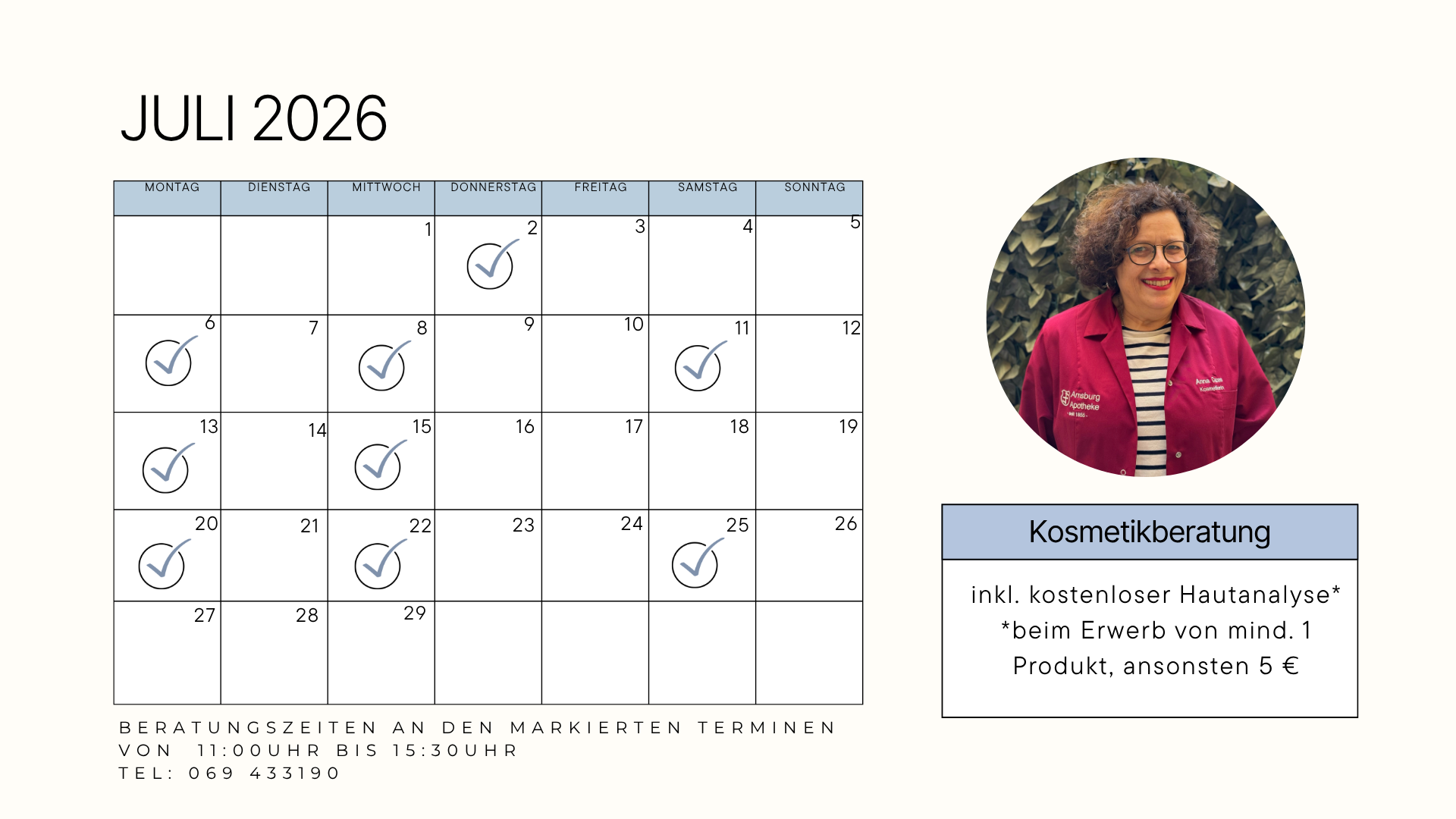 Kosmetiktermine für Juli 2026 der Arnsburg Apotheke